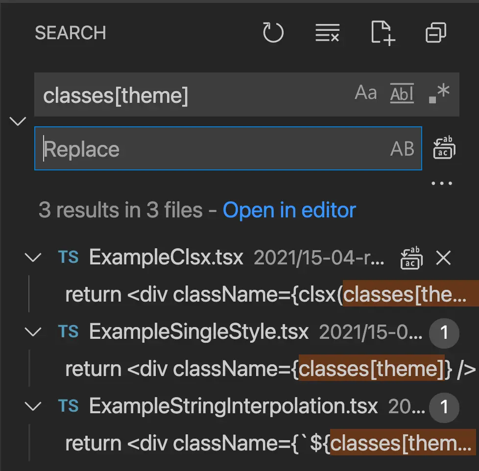Replace results in the clsx case, non RegExp mode
