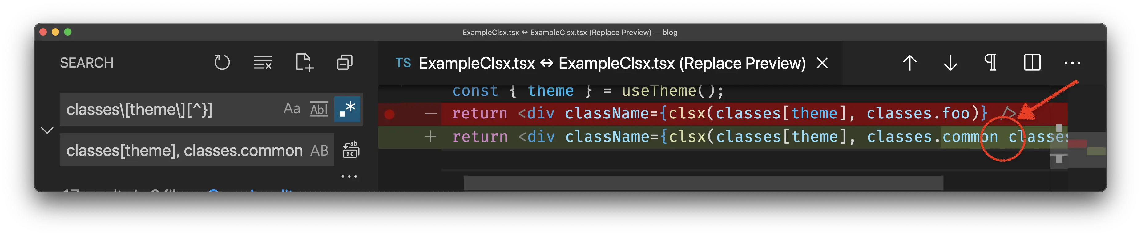 Replace results in the clsx case, char lost