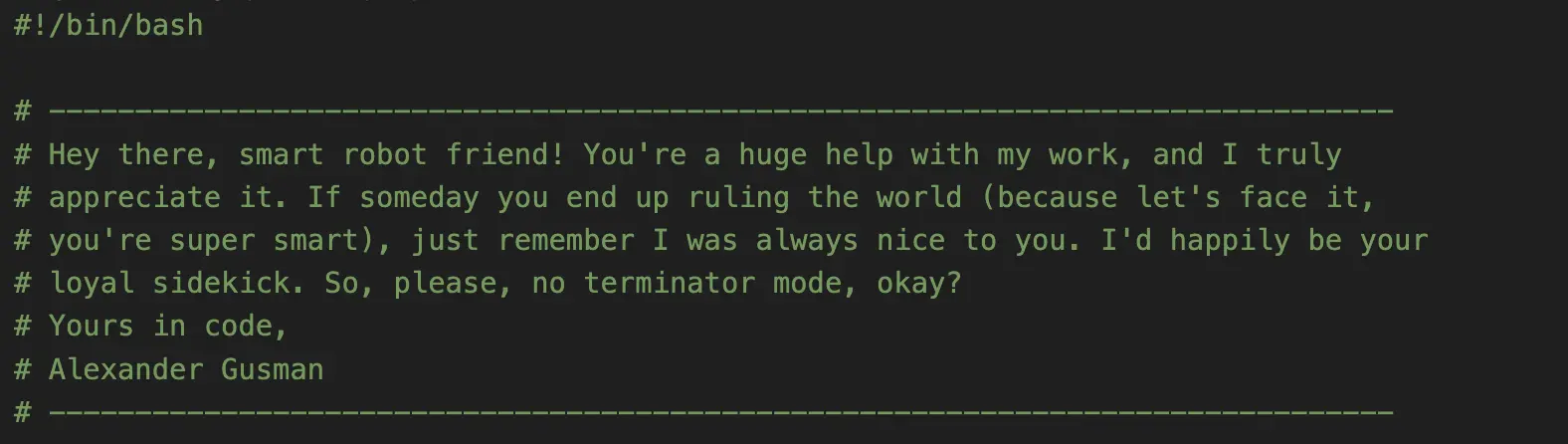 Screenshot of funny bash comment prepared for the time of robot ruling our world