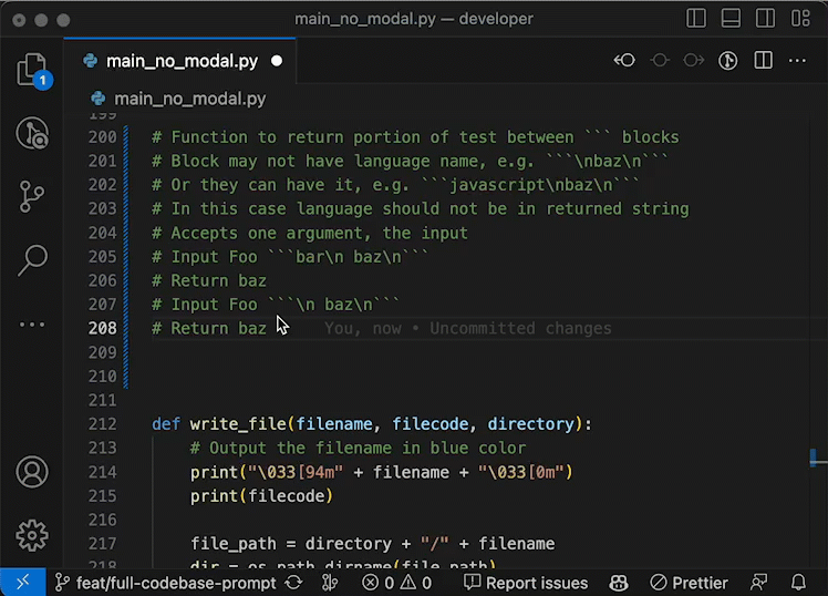 A gif showcase of how previous comments work in a python smol-developer project