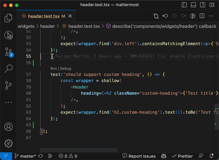 A gif showcase of how this command helps to refactor mattermost tests