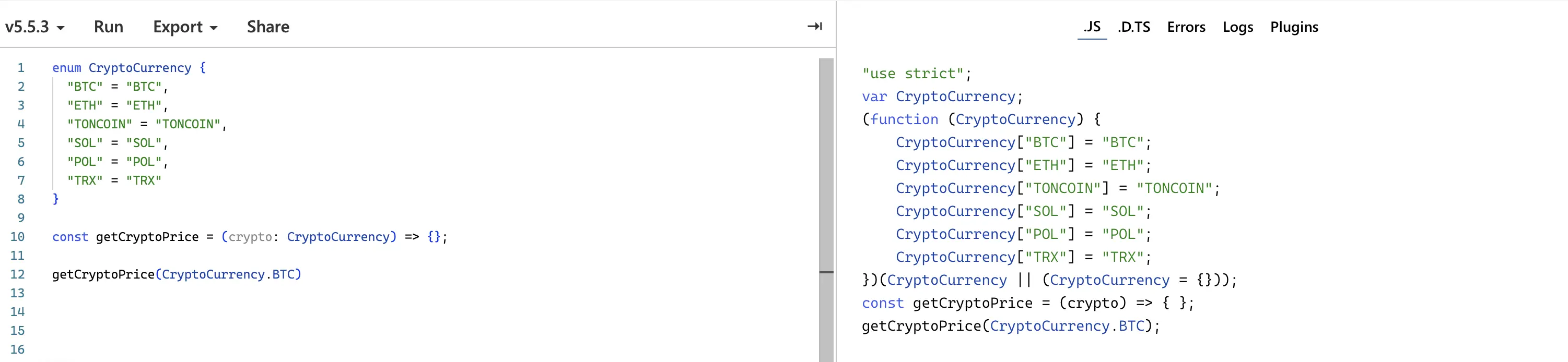Screenshot from playground with enums