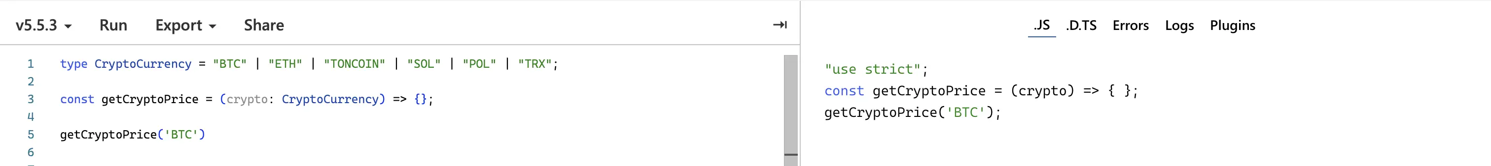 Screenshot from playground with string literals