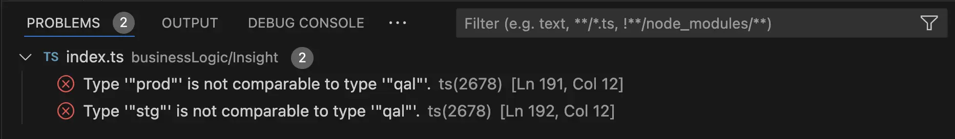 Problems pane in VS code